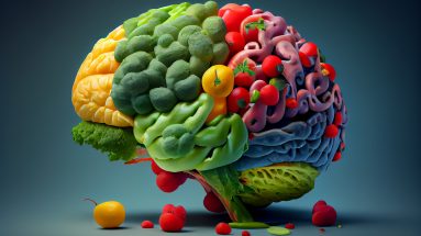 Ein Gehirn, geformt aus Obst und Fruchtsorten, wie Beeren, Zitrusfrüchten und grünem Gemüse, symbolisiert Alzheimer-Prävention durch Ernährung.