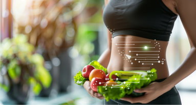 Symbolische Darstellung des Darms (z. B. Darm-Silhouette mit blühenden Pflanzen als Zeichen für eine gesunde Darmflora