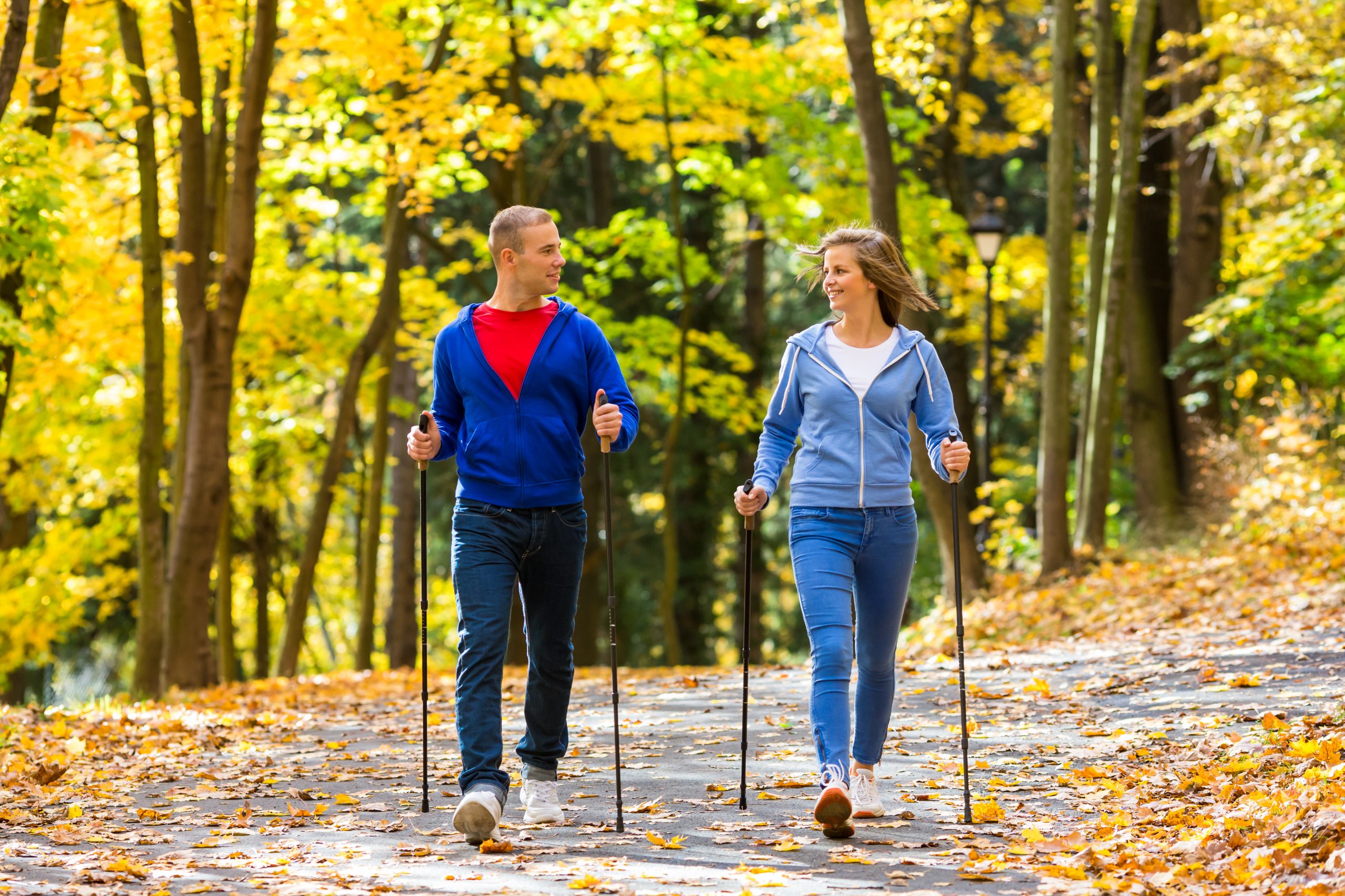 Personen beim Nordic Walking in einer natürlichen Umgebung, als Teil eines gesunden Lebensstils.