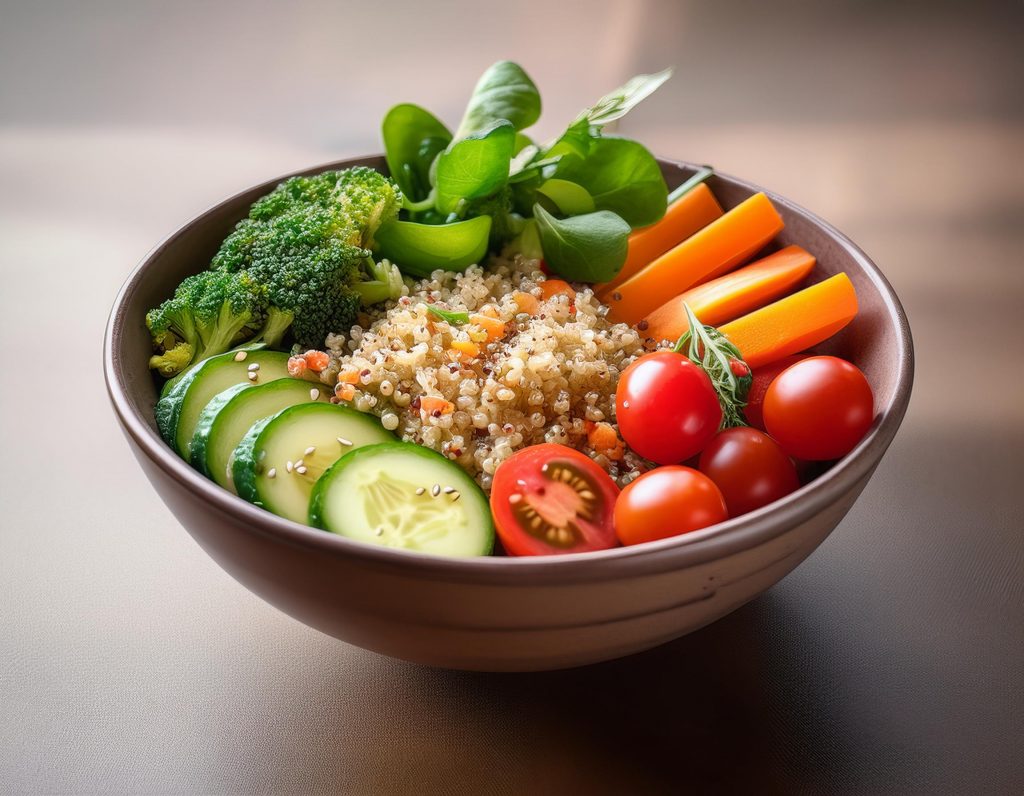Eine Bowl mit Quinoa, Gurken, Tomaten und Karotten – eine gesunde Mahlzeit zur Unterstützung des Stoffwechsels in den Wechseljahren.