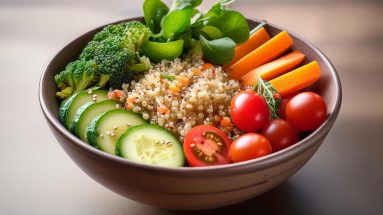 Eine Bowl mit Quinoa, Gurken, Tomaten und Karotten – eine gesunde Mahlzeit zur Unterstützung des Stoffwechsels in den Wechseljahren.
