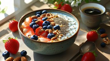 Gesunde Mahlzeit mit Joghurt, Nüssen und Beeren für einen stabilen Blutzucker