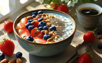Gesunde Mahlzeit mit Joghurt, Nüssen und Beeren für einen stabilen Blutzucker