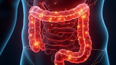 Stilisierte Darstellung eines entzündeten Darms mit Markierungen für Entzündungsherde und Mikrobiom