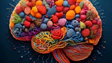 Stilisiertes Gehirn umgeben von bunten, florierenden Darmbakterien als Symbol für die Darm-Hirn-Achse und die Verbindung zwischen Mikrobiom und mentaler Gesundheit.