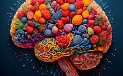 Stilisiertes Gehirn umgeben von bunten, florierenden Darmbakterien als Symbol für die Darm-Hirn-Achse und die Verbindung zwischen Mikrobiom und mentaler Gesundheit.