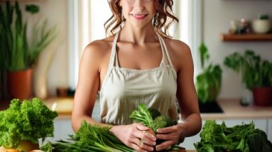 Frau mit strahlender Haut bereitet frisches Gemüse in einer hellen Küche zu – Symbol für Haut- und Darmgesundheit durch gesunde Ernährung