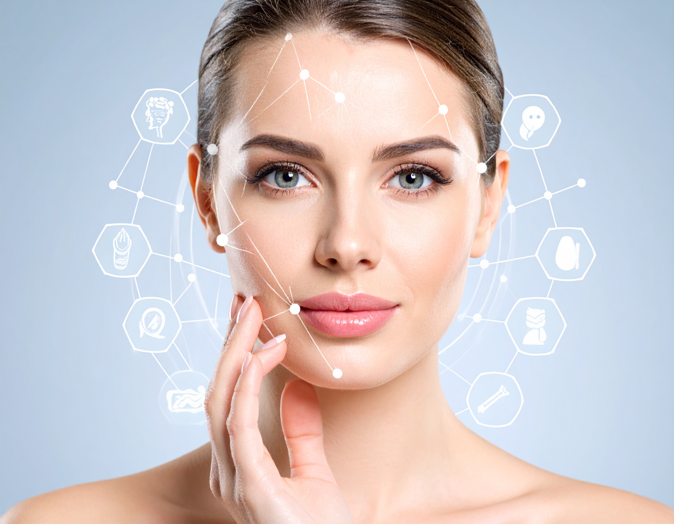 Zellnahrung-für-Haut-Haare-und-Nägel Strahlende Frau mit gesunder Haut, umgeben von stilisierten Zellstrukturen und Icons für Haut, Haare und Nägel