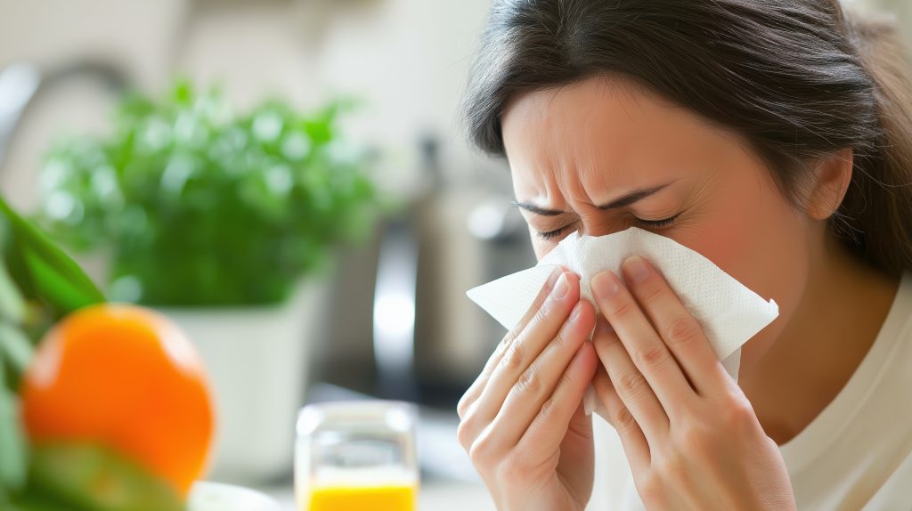 Kranke Frau mit Taschentuch als Symbol für ein geschwächtes Immunsystem