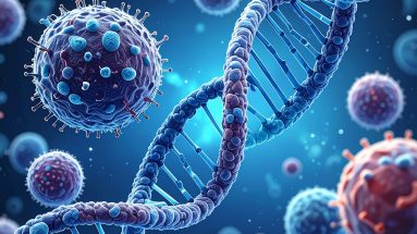 Abstrakte Darstellung von Immunzellen und DNA-Helix in Blau – Symbol für Zellgesundheit und Immunsystem