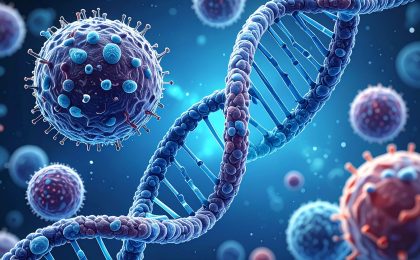 Abstrakte Darstellung von Immunzellen und DNA-Helix in Blau – Symbol für Zellgesundheit und Immunsystem