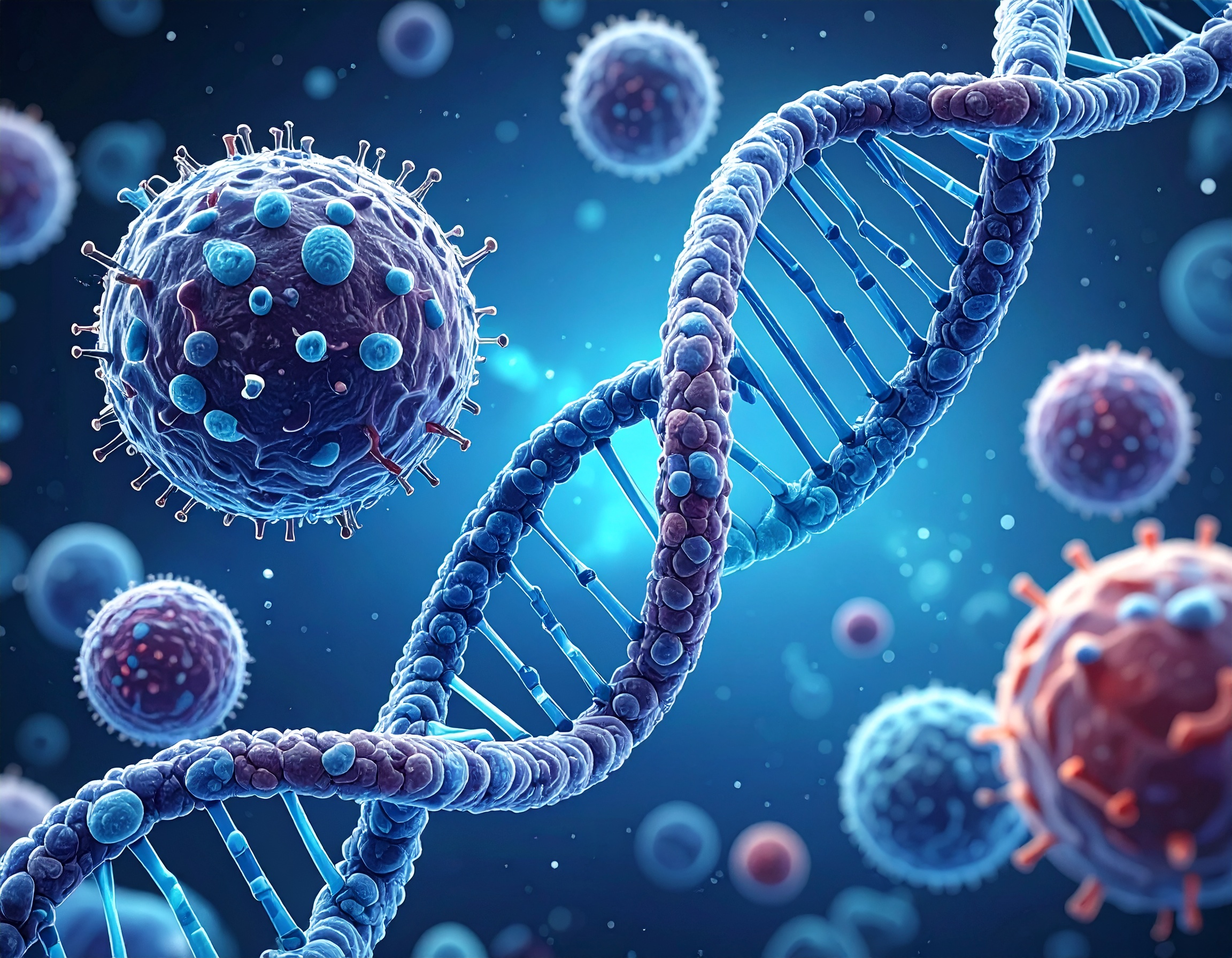 Immunsystem und Zellen – Ernährung stärkt die Abwehrkräfte Abstrakte Darstellung von Immunzellen und DNA-Helix in Blau – Symbol für Zellgesundheit und Immunsystem