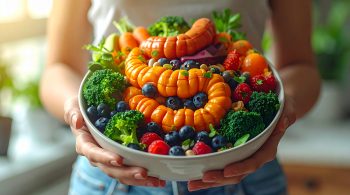 Schüssel mit frischem Gemüse, Beeren und einer symbolischen Darstellung des Darms – als Motiv für Darmgesundheit und Stoffwechsel.