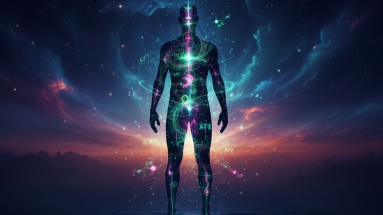 Stoffwechsel in Balance bringen – abstrakte Silhouette mit Energie- und Stoffwechselgrafiken, die die Aktivierung des Energiestoffwechsels symbolisieren