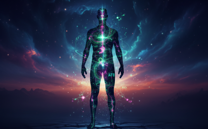 Stoffwechsel in Balance bringen – abstrakte Silhouette mit Energie- und Stoffwechselgrafiken, die die Aktivierung des Energiestoffwechsels symbolisieren