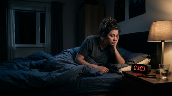 Person sitzt nachts im Bett und schaut auf einen Wecker mit 03:00 Uhr – Symbol für Schlafstörungen und nächtliches Aufwachen zwischen 2 und 4 Uhr.