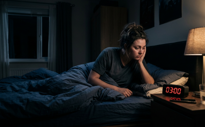 Person sitzt nachts im Bett und schaut auf einen Wecker mit 03:00 Uhr – Symbol für Schlafstörungen und nächtliches Aufwachen zwischen 2 und 4 Uhr.