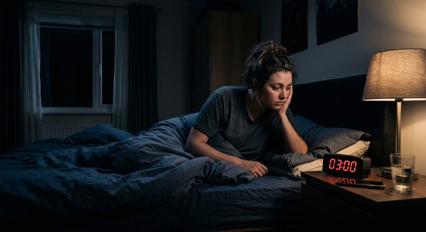 Firefly_Gemini Flash_Person sitzt nachts im Bett und schaut auf einen Wecker, der Warum viele Menschen um 3 Uhr nachts aufwachen – Ursachen von Schlafstörungen Person sitzt nachts im Bett und schaut auf einen Wecker mit 03:00 Uhr – Symbol für Schlafstörungen und nächtliches Aufwachen zwischen 2 und 4 Uhr.
