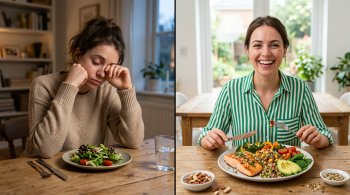 Frau wirkt müde vor kleinem Salatteller im Vergleich zu energiegeladener Frau mit ausgewogener Mahlzeit – Stoffwechsel im Sparmodus Frau wirkt müde vor kleinem Salatteller im Vergleich zu energiegeladener Frau mit ausgewogener Mahlzeit – Stoffwechsel im Sparmodus Frau wirkt müde vor kleinem Salatteller im Vergleich zu energiegeladener Frau mit ausgewogener Mahlzeit – Stoffwechsel im Sparmodus
