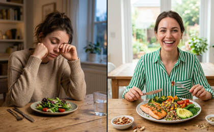 Frau wirkt müde vor kleinem Salatteller im Vergleich zu energiegeladener Frau mit ausgewogener Mahlzeit – Stoffwechsel im Sparmodus Frau wirkt müde vor kleinem Salatteller im Vergleich zu energiegeladener Frau mit ausgewogener Mahlzeit – Stoffwechsel im Sparmodus Frau wirkt müde vor kleinem Salatteller im Vergleich zu energiegeladener Frau mit ausgewogener Mahlzeit – Stoffwechsel im Sparmodus