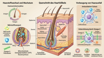 Grafische Darstellung des Haarstoffwechsels und eines Haarfollikels im Querschnitt mit Nährstofftransport, Antioxidantien und Omega-3-Fettsäuren zur Unterstützung des Haarwachstums und zur Vorbeugung von Haarausfall.