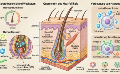 Grafische Darstellung des Haarstoffwechsels und eines Haarfollikels im Querschnitt mit Nährstofftransport, Antioxidantien und Omega-3-Fettsäuren zur Unterstützung des Haarwachstums und zur Vorbeugung von Haarausfall.