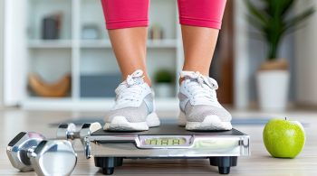 Person steht auf einer Waage beim Abnehmen, daneben Hantel und Apfel – Symbol für Stoffwechsel, Ernährung und Gewichtsverlust