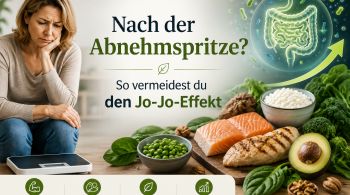 Frau nachdenklich auf Waage nach Abnehmspritze, gesunde Lebensmittel und Darmgesundheit zur Vermeidung des Jo-Jo-Effekts