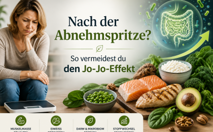 Frau nachdenklich auf Waage nach Abnehmspritze, gesunde Lebensmittel und Darmgesundheit zur Vermeidung des Jo-Jo-Effekts