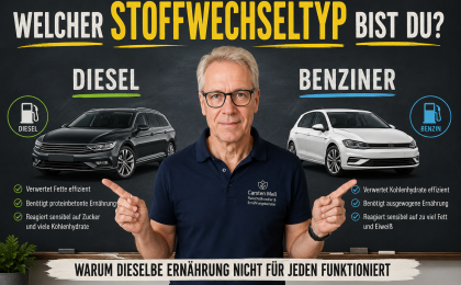 Carsten Meß vor einer Tafel oder Grafik mit zwei Fahrzeugen: Links: Diesel Rechts: Benziner Überschrift: “Welcher Stoffwechseltyp bist du?” Untertitel: “Warum dieselbe Ernährung nicht für jeden funktioniert”