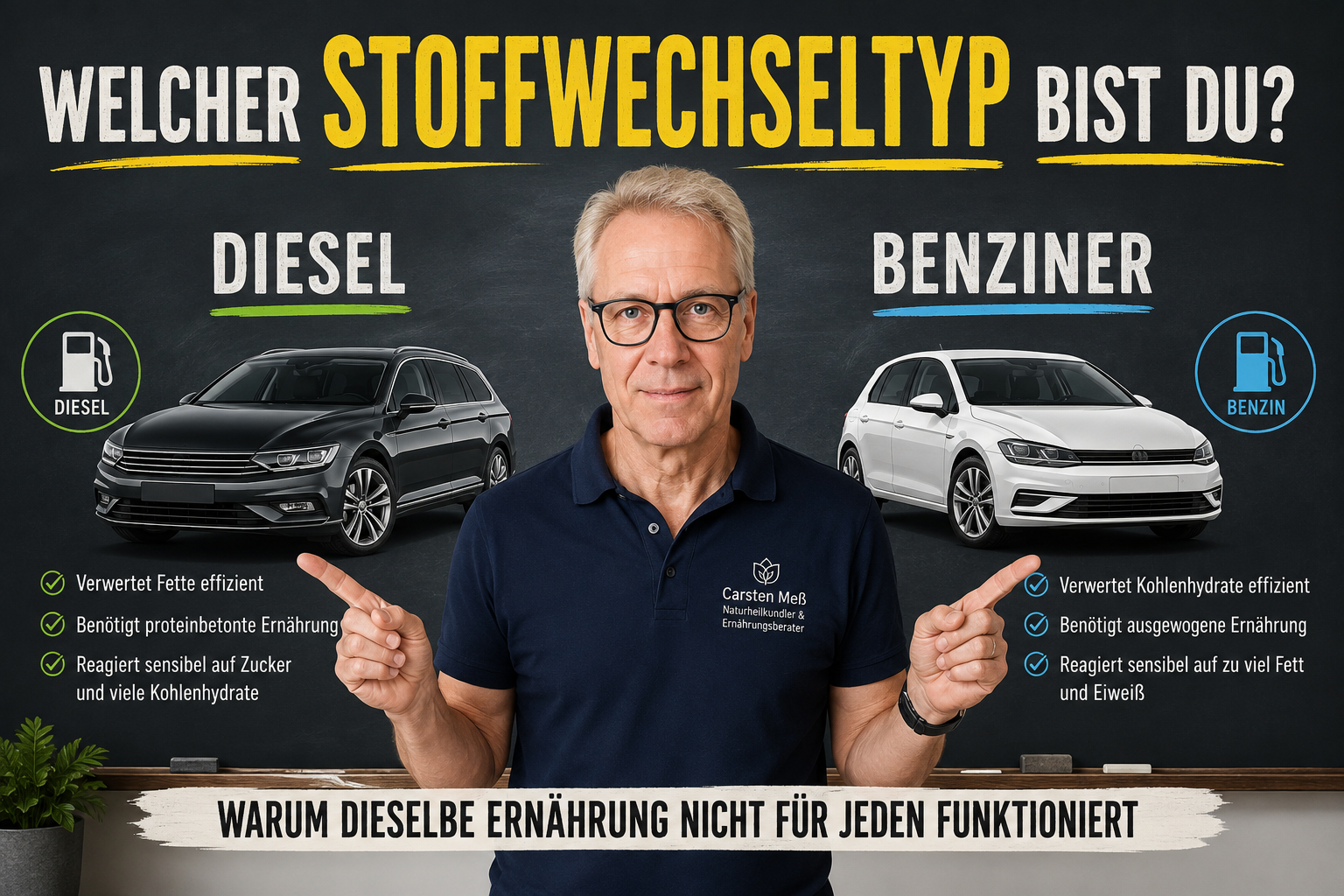 Welcher Stoffwechseltyp bist du? – Diesel oder Benziner Carsten Meß vor einer Tafel oder Grafik mit zwei Fahrzeugen: Links: Diesel Rechts: Benziner Überschrift: “Welcher Stoffwechseltyp bist du?” Untertitel: “Warum dieselbe Ernährung nicht für jeden funktioniert”