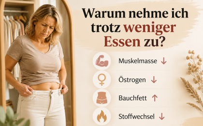 Frau in den Wechseljahren betrachtet kritisch ihre Kleidung. Die Grafik erklärt, warum viele Frauen trotz weniger Essen zunehmen – durch Muskelverlust, sinkenden Östrogenspiegel und einen verlangsamten Stoffwechsel.