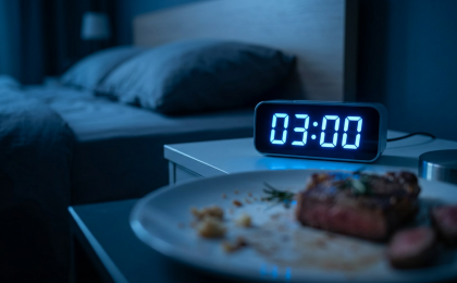 Digitaluhr zeigt 03:00 im dunklen Schlafzimmer, davor ein Teller mit Essensresten – Symbolbild fürs nächtliche Aufwachen um 3 Uhr