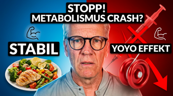 Carsten Meß zwischen gesundem Teller (stabil) und durchgestrichener Abnehmspritze mit Jojo – Symbolbild für den Jojo-Effekt nach dem Absetzen