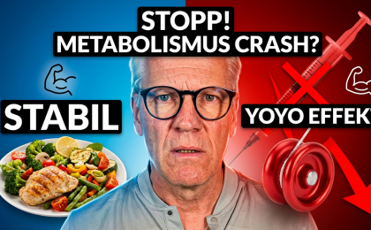 Carsten Meß zwischen gesundem Teller (stabil) und durchgestrichener Abnehmspritze mit Jojo – Symbolbild für den Jojo-Effekt nach dem Absetzen