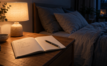 Aufgeschlagenes Notizbuch mit Aufgaben für morgen neben einer warm leuchtenden Nachttischlampe.