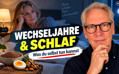 Schlafstörungen in den Wechseljahren – Frau nachts wach im Bett mit Carsten Meß und Lebensmitteln wie Leinsamen, Ei und Nüssen